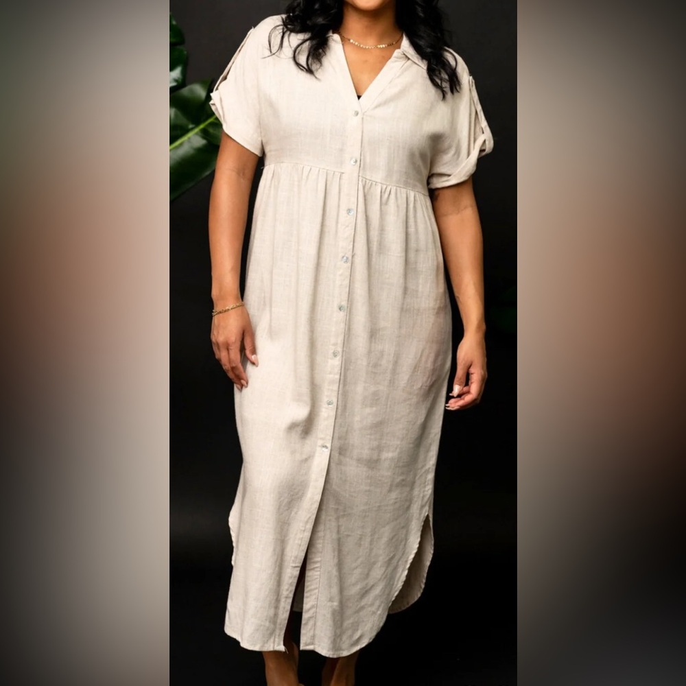 Tan Smocked Linen Blend  Maxi Sundress